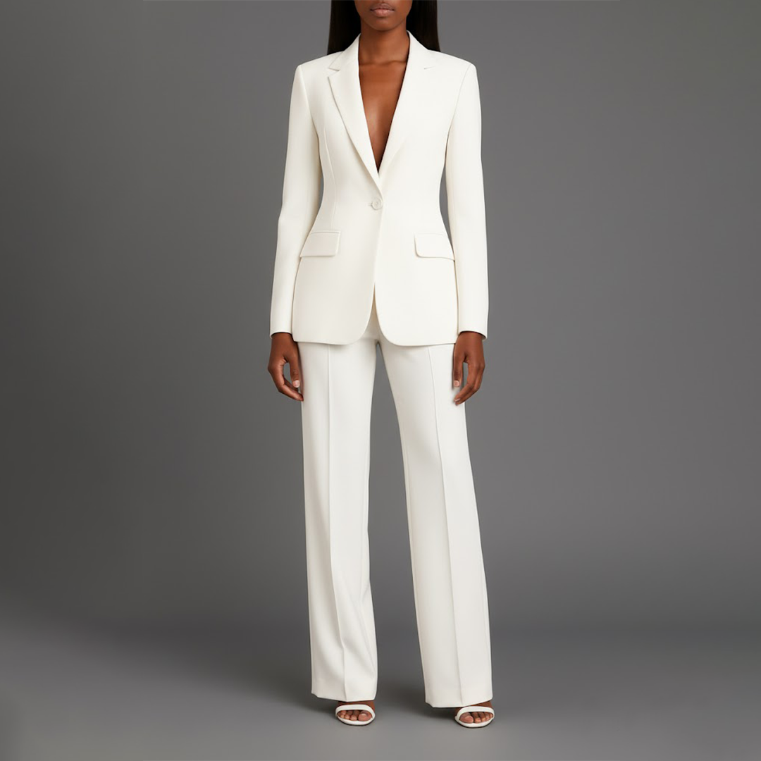 Women's tailored formal pant suit with elegant long blazer, ideal for business wear.