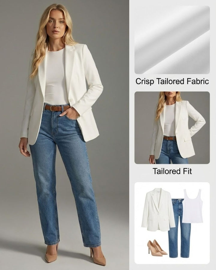 Women's tailored single-button blazer with chic ruched sleeves, perfect for professional office wear & smart casual style.
