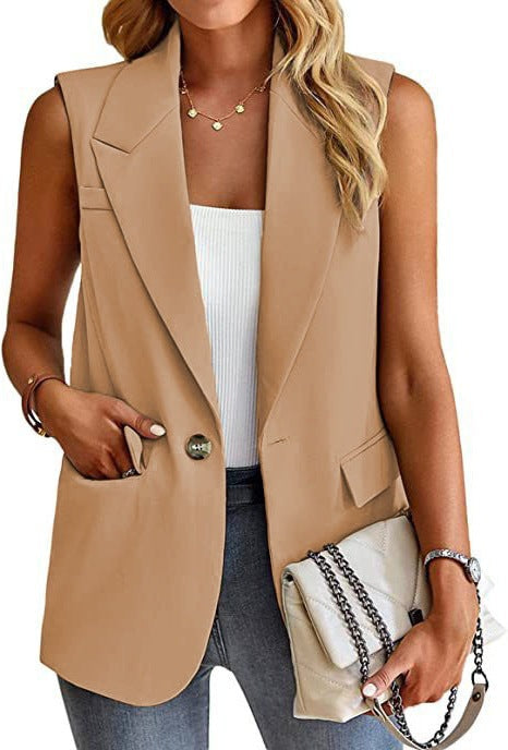 Professional women's tailored sleeveless blazer vest, ideal for office, business casual, and layering.
