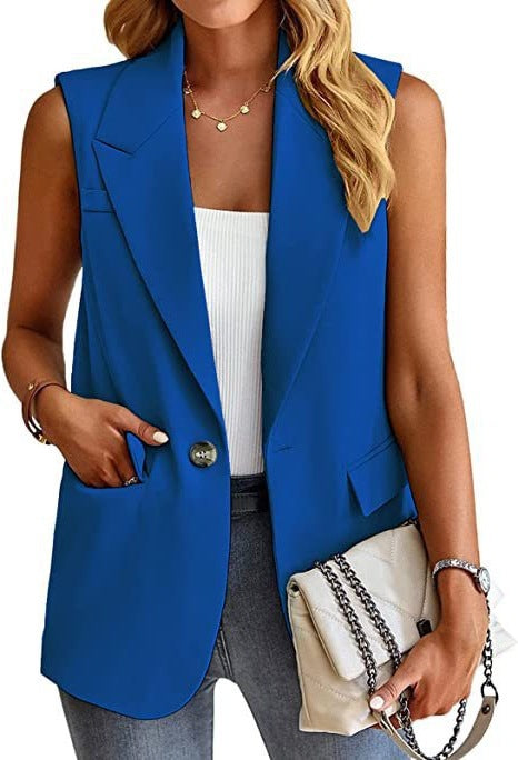 Sleek women's sleeveless tailored vest, a chic and versatile blazer design for elegant fashion looks.