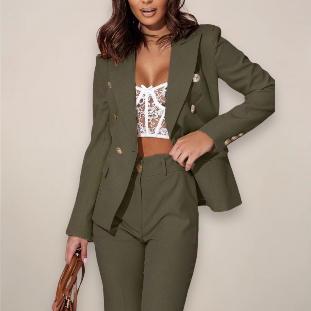 Back view of a women's tailored spring trouser suit set, highlighting the fit and silhouette