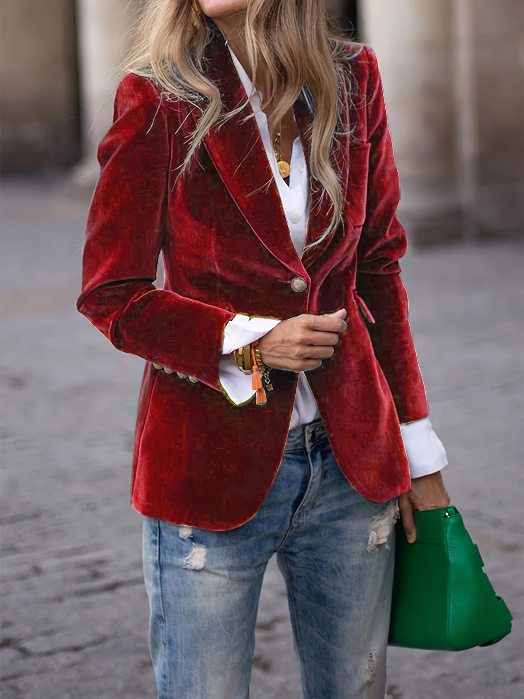 Elegant long-sleeve velvet blazer for women, ideal for business casual or formal wear.