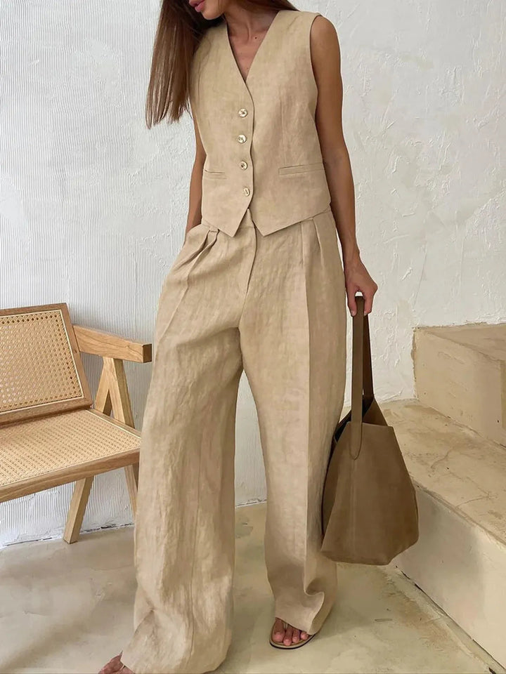 Women's tailored waistcoat & wide leg trouser set. A chic, sophisticated two-piece for office or casual summer style.