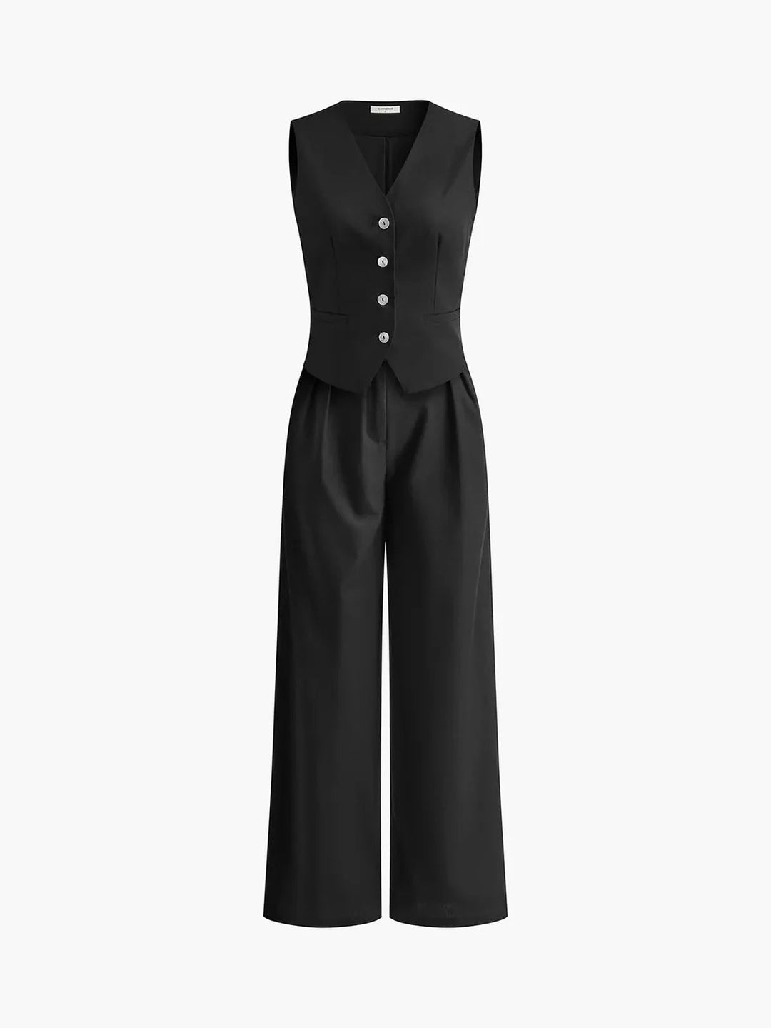 Women's chic tailored waistcoat & wide leg trouser matching set. Perfect for elegant summer office wear.