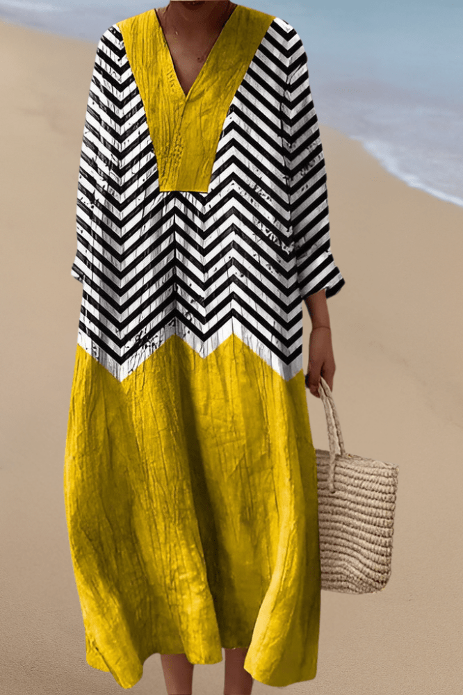 Women's Tessa Melody yellow geometric V-neck midi dress with zigzag pattern, perfect for summer casual elegance.