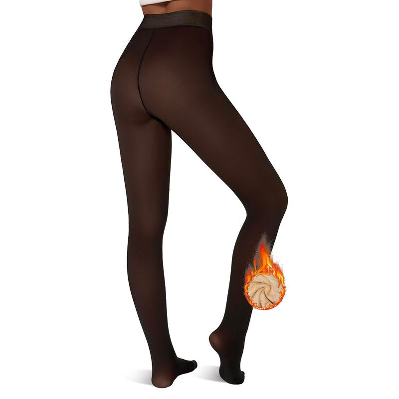 Close-up of the soft fleece lining inside women's thermal opaque black tights for warmth