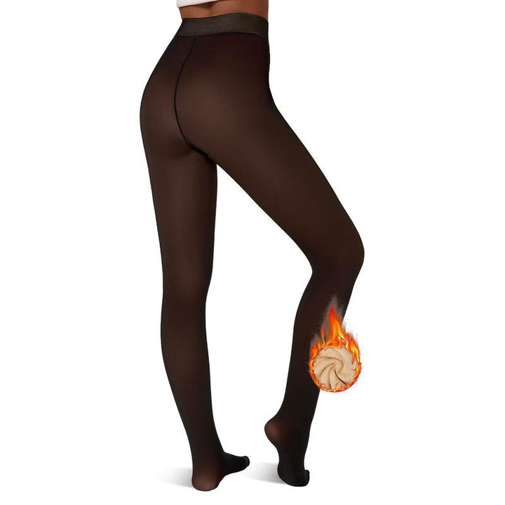 Close-up of the soft fleece lining inside women's thermal opaque black tights for warmth