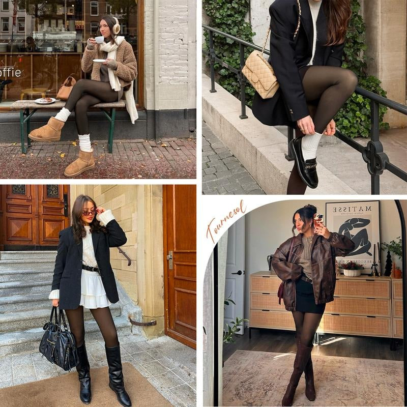 Model showcasing the full leg coverage and smooth appearance of women's opaque thermal tights