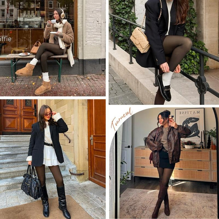 Model showcasing the full leg coverage and smooth appearance of women's opaque thermal tights