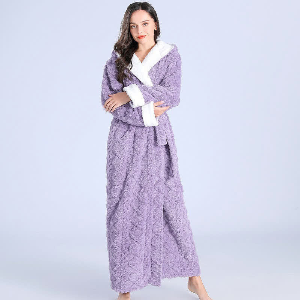 Soft flannel hooded robe for women. Luxurious, thick fabric perfect for warm winter loungewear & cozy sleepwear.