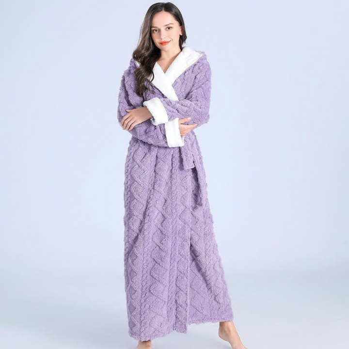 Soft flannel hooded robe for women. Luxurious, thick fabric perfect for warm winter loungewear & cozy sleepwear.