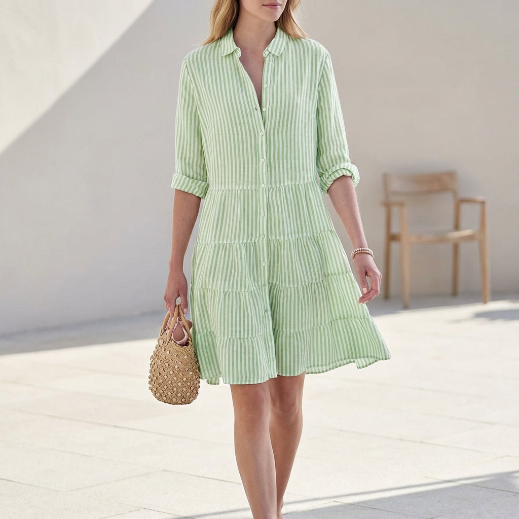 Women's tiered mini dress with button-down front & V-neck. Perfect casual summer or spring shirt dress.