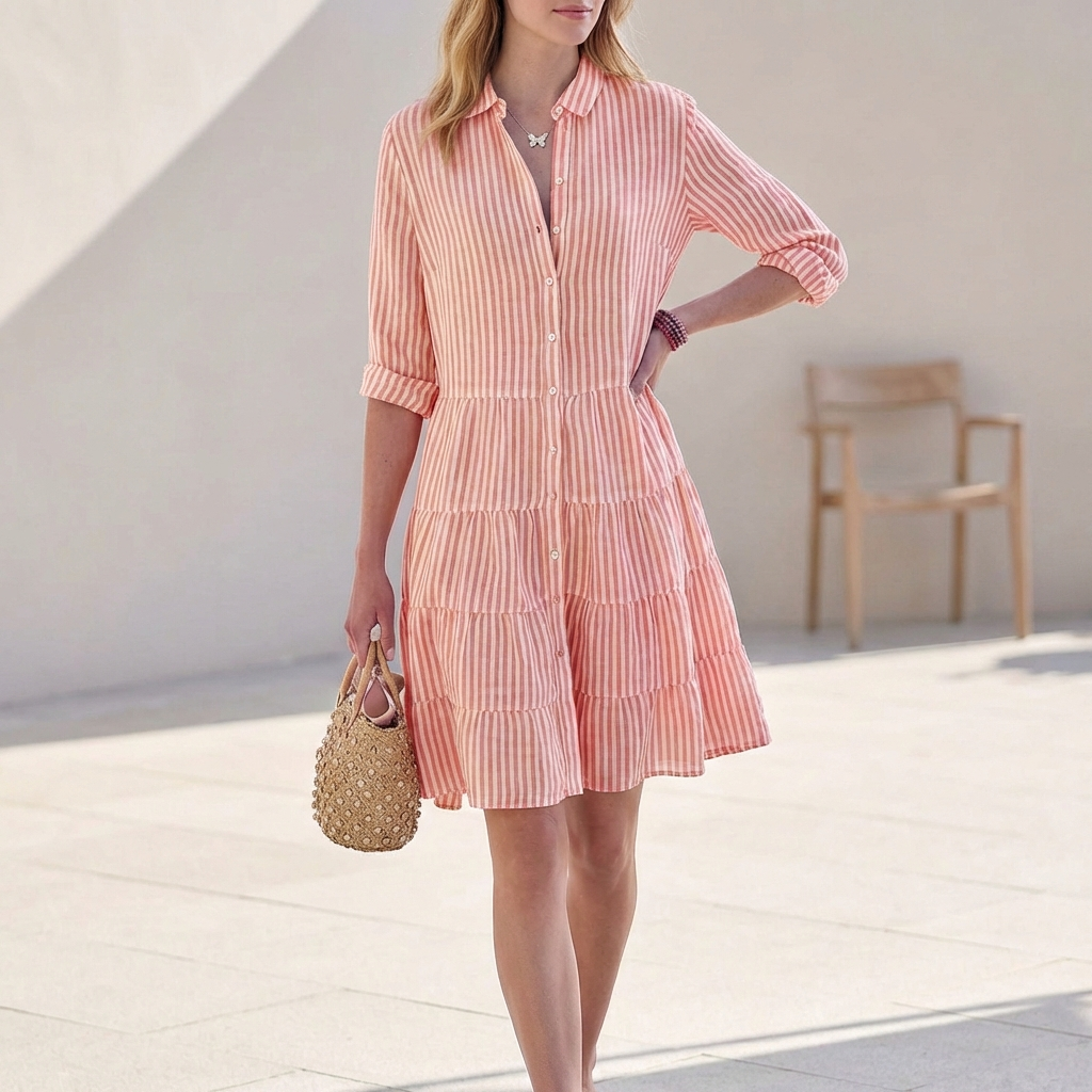 Elegant women's button-down tiered mini dress, featuring 3/4 sleeves & V-neck. Ideal for spring fashion.