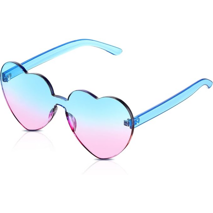 Women's transparent heart-shaped rimless sunglasses. Trendy festival eyewear accessory.