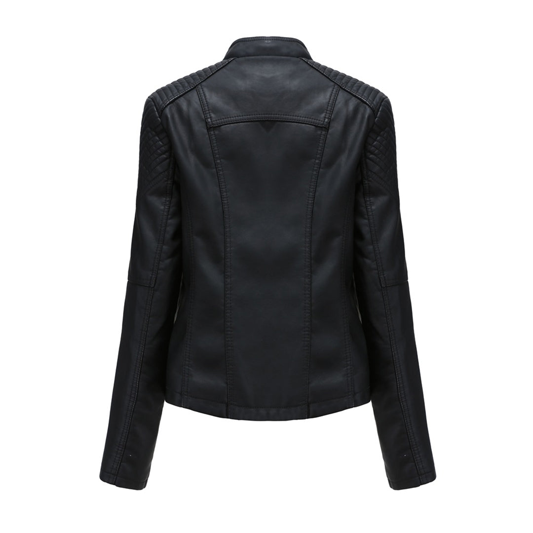 Stylish women's faux leather jacket with a prominent front zipper, an essential piece for fall fashion outerwear