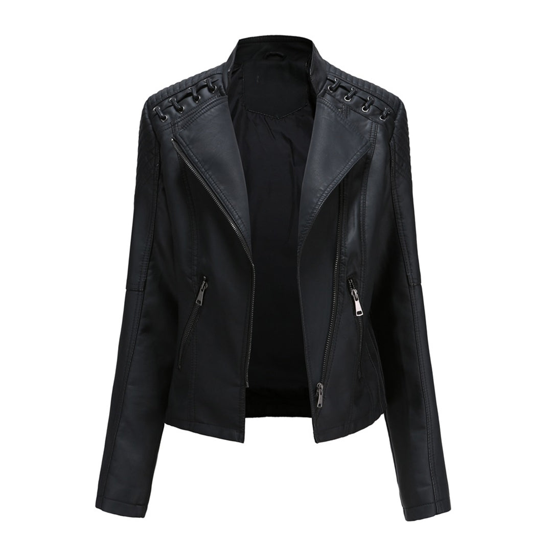 Trendy women's faux leather jacket, featuring a full zipper front, ideal for an edgy casual look and outerwear