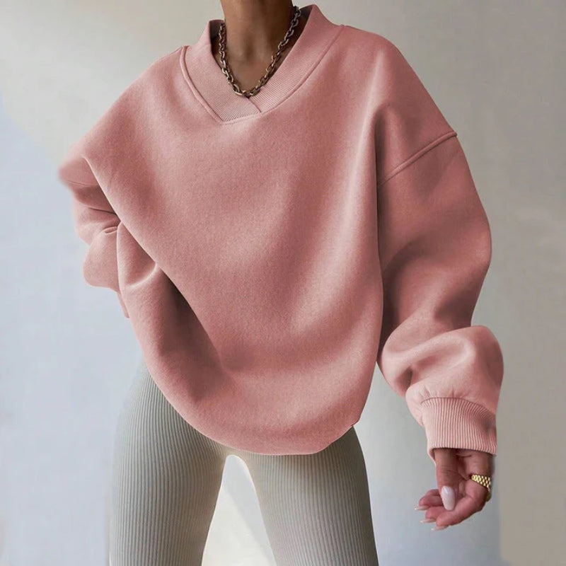 Relaxed fit blue cotton blend women's oversized pullover, featuring an ultra-soft feel and classic crew neck.