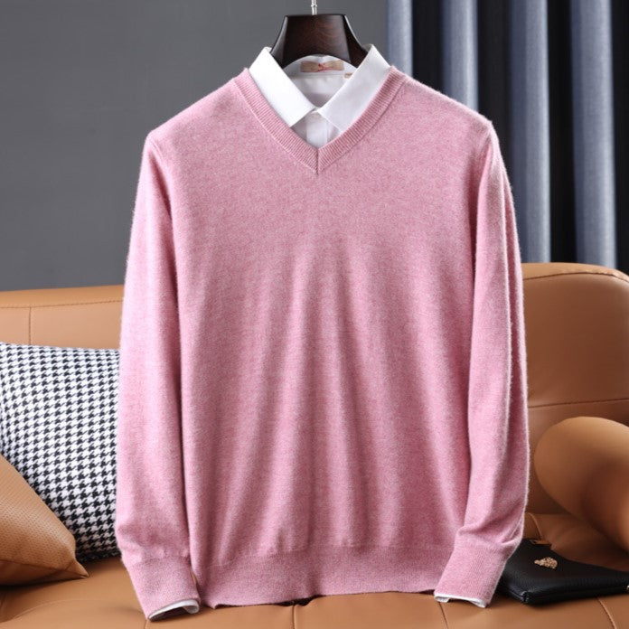 Comfortable women's cashmere blend v-neck sweater, a premium knit for cold weather.