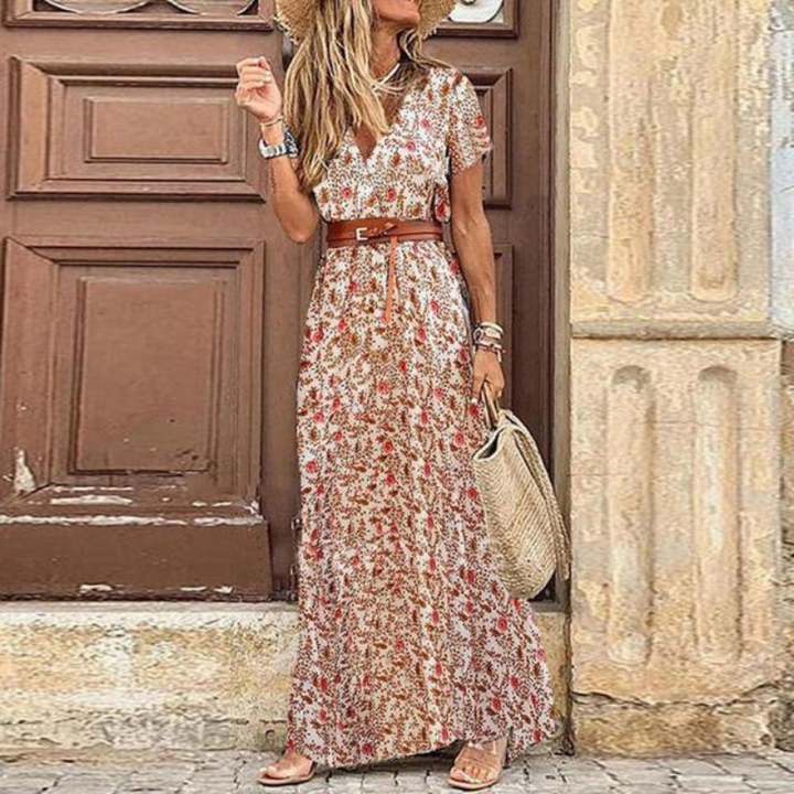 Boho style V-neck floral maxi dress with a tie belt, ideal for resort wear, holidays, or casual outings.