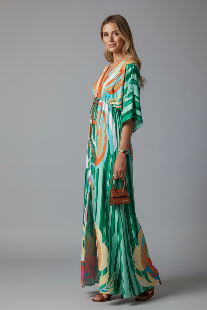 Elegant flowy maxi dress for women, V-neck and tie waist. Comfortable summer fashion.