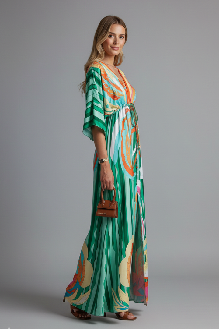 Casual women's printed maxi dress, V-neck, batwing sleeves, and adjustable tie waist for comfort.