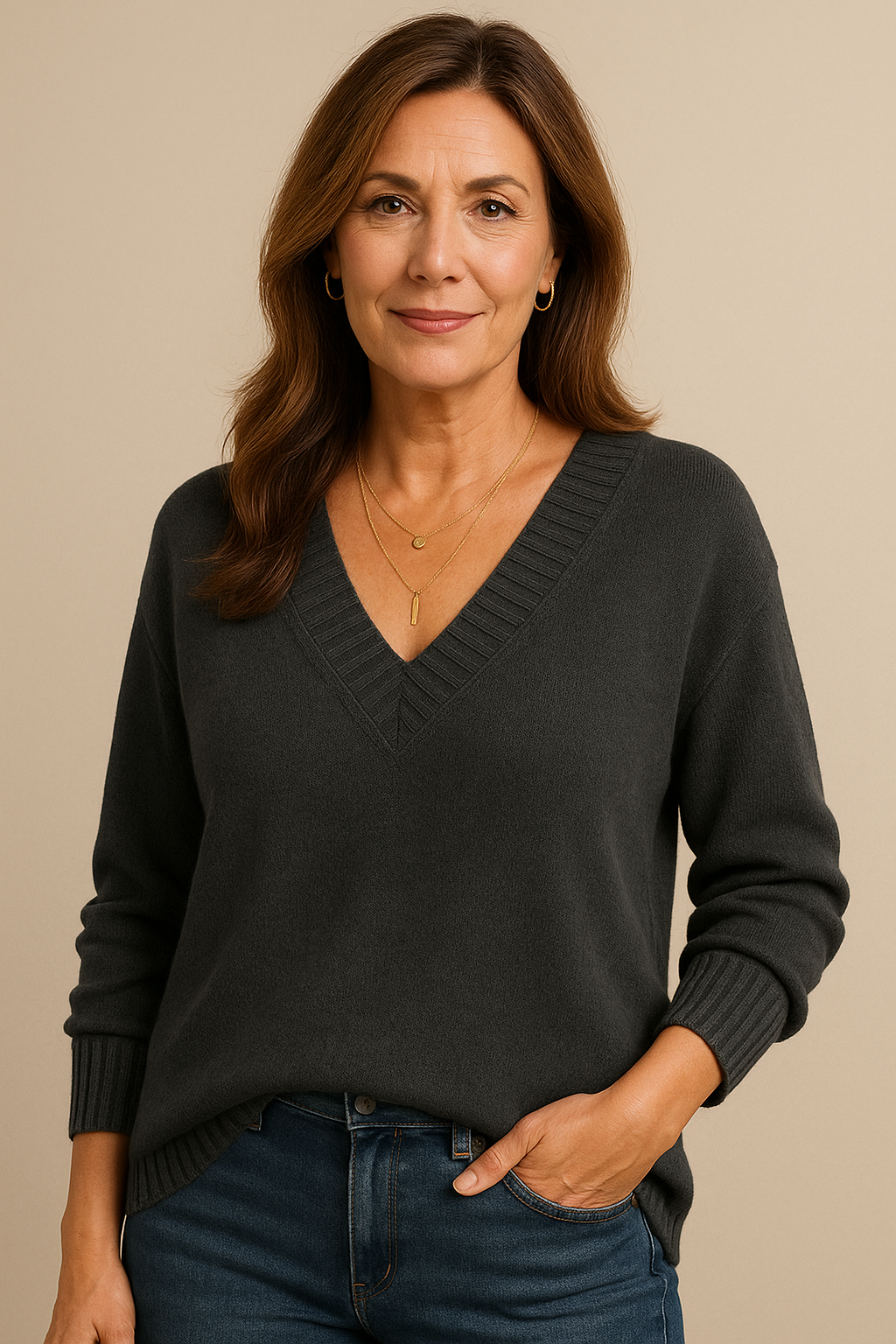 Women's everyday V-neck ribbed sweater. Relaxed fit, long sleeve, ultimate comfort.