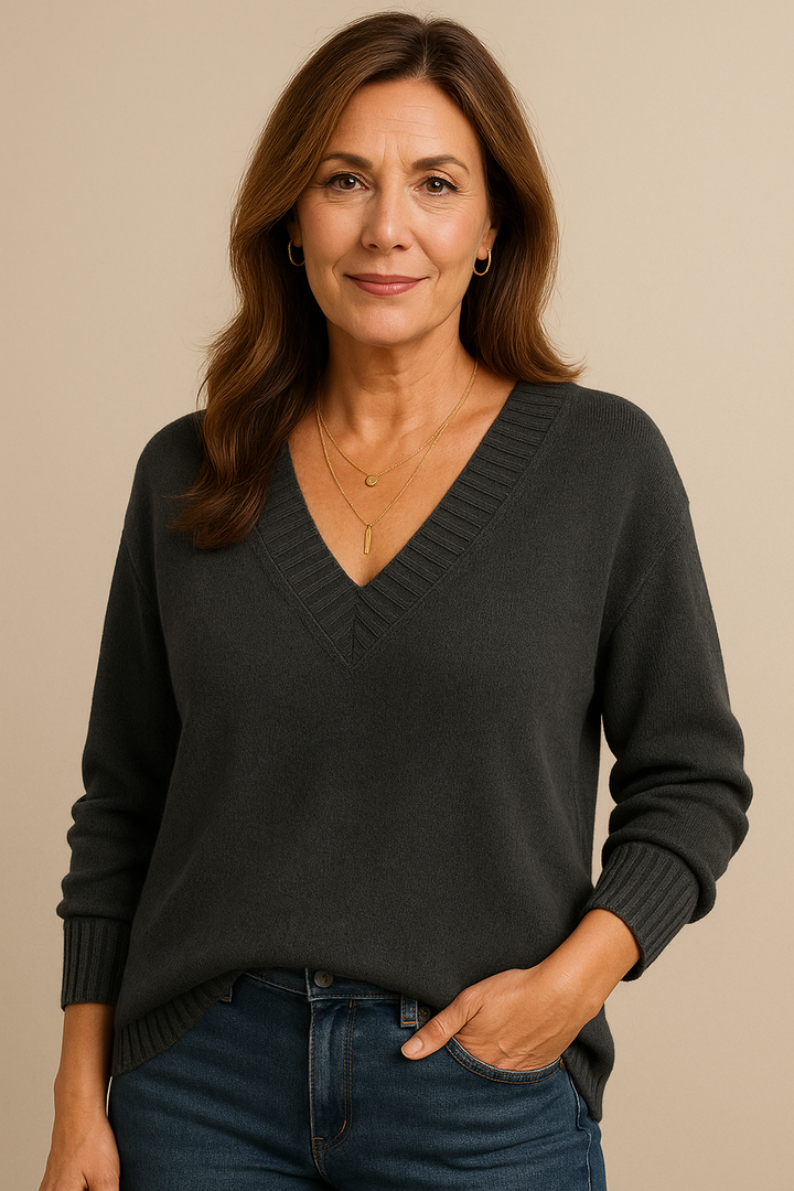 Relaxed fit V-neck long sleeve sweater for women. Cozy ribbed knit, everyday comfort.