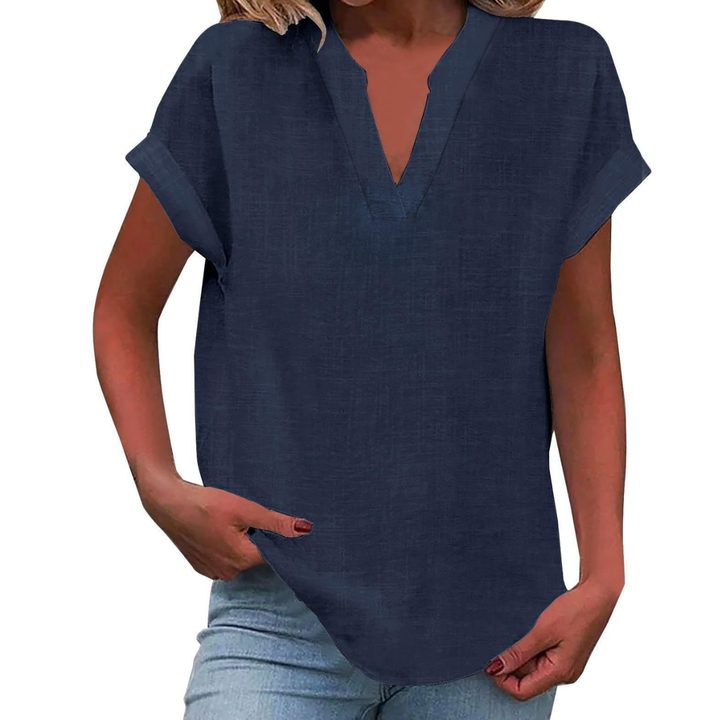 Clean design solid color women's V-neck short sleeve top, offering simple and comfortable everyday wear.