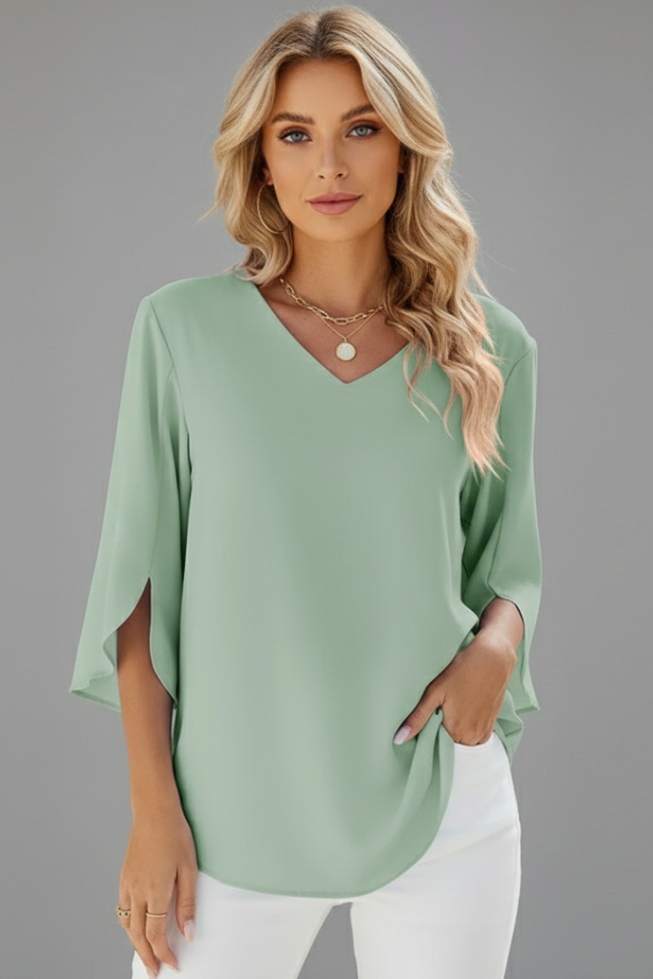 Women's casual V-neck short sleeve blouse, a comfortable and stylish top for daily wear.
