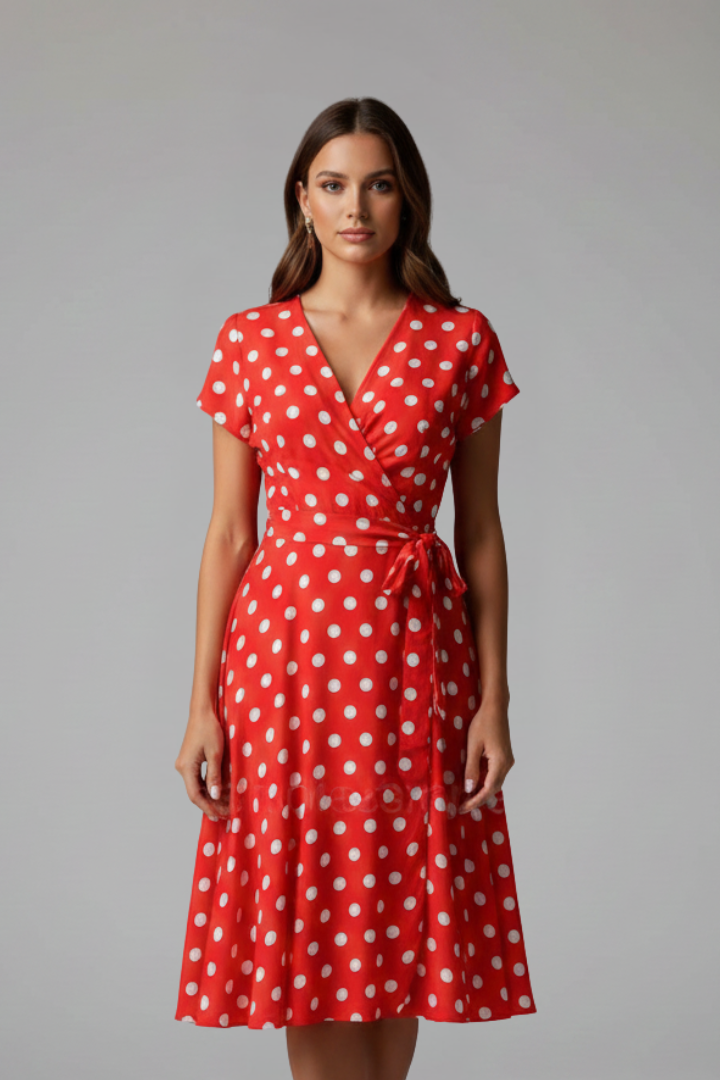 Party-ready women's V-neck dress. Short sleeve, spotted print, elegant fit & flare for special events.