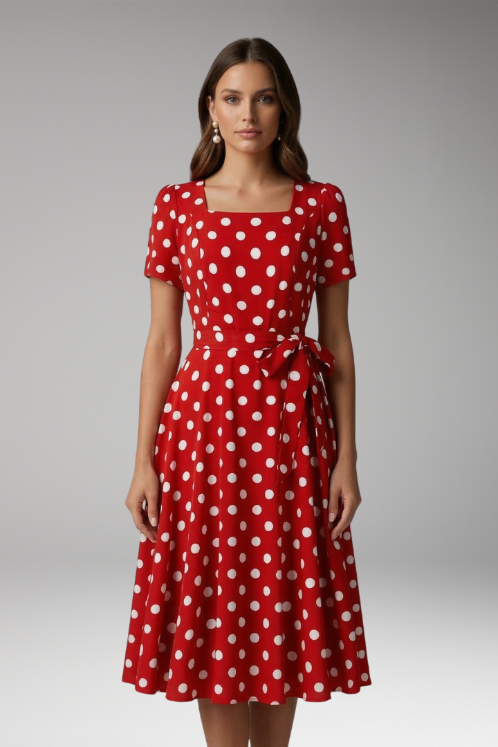 Spotted V-neck fit & flare dress for women with short sleeves. Ideal knee-length summer fashion.