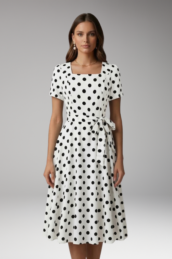 Elegant women's V-neck short sleeve dress with spotted print. A stylish fit & flare for party or everyday.