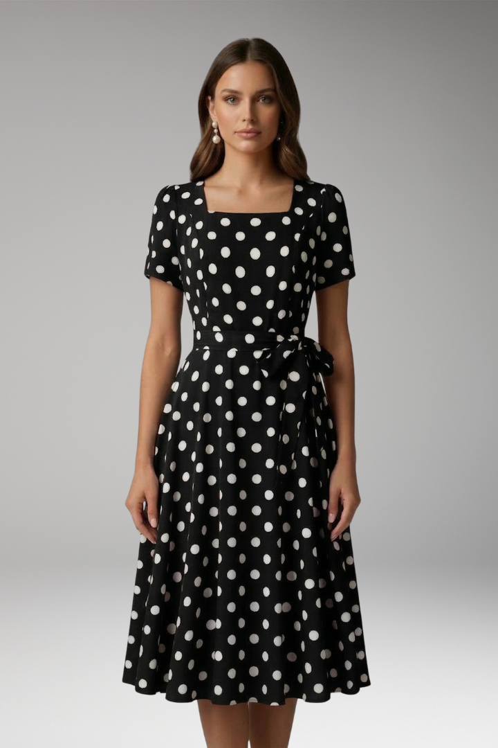Printed V-neck women's dress with short sleeves & spotted pattern. Flattering fit & flare silhouette.