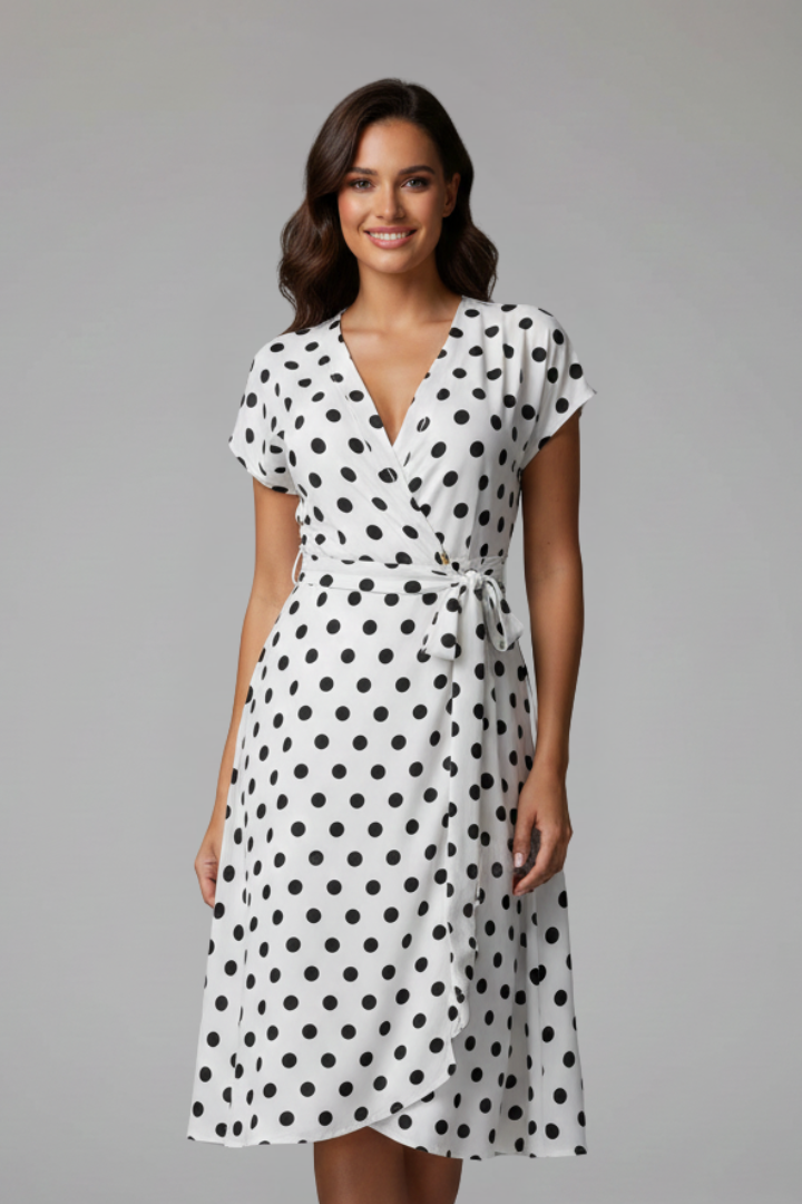 Stylish women's fit & flare dress featuring a V-neck, short sleeves, and a chic spotted print.