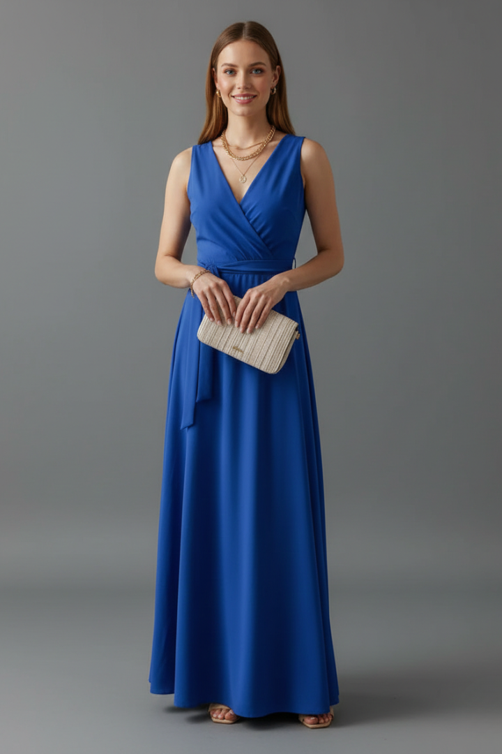 Comfortable women's sleeveless V-neck long dress, perfect for warm weather with its breathable, flowy fabric.