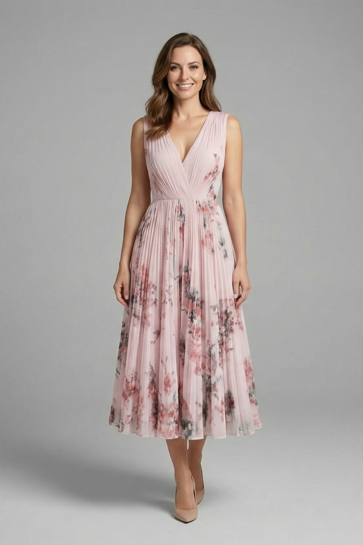 Stylish women's sleeveless V-neck midi dress with pleats, ideal for casual or party wear.