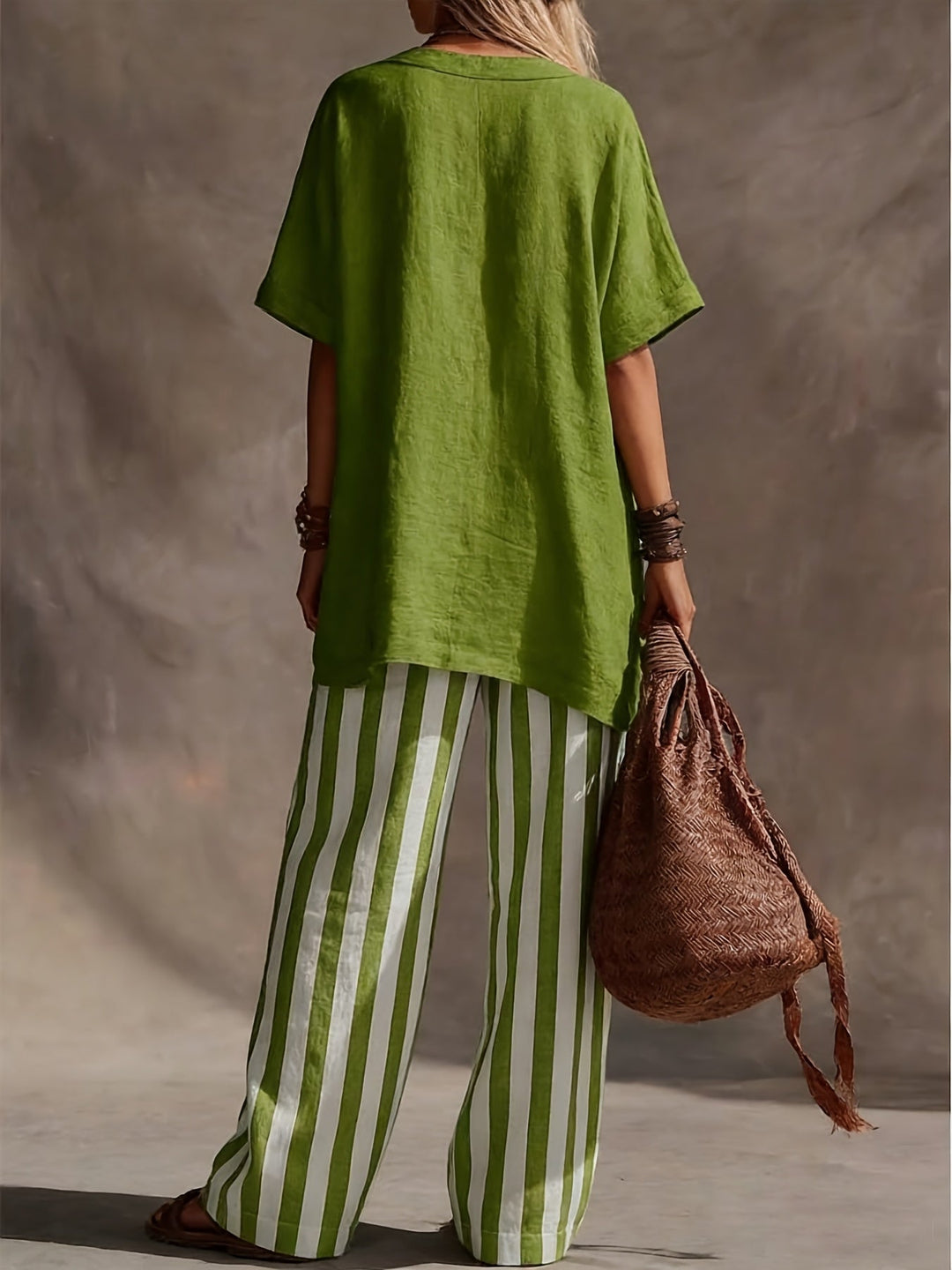 Boho chic striped wide leg pants & V-neck top summer outfit for women, great for beach or vacation.