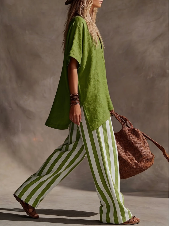 Lightweight V-neck top & breezy striped wide leg pants, a perfect summer coordinated set for women.