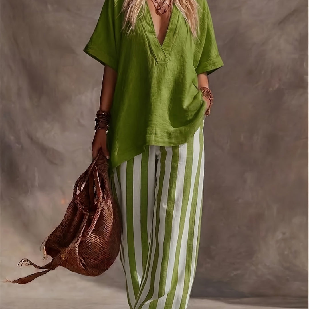 Stylish women's V-neck top & vertical striped wide leg pants, a versatile two-piece summer fashion set.
