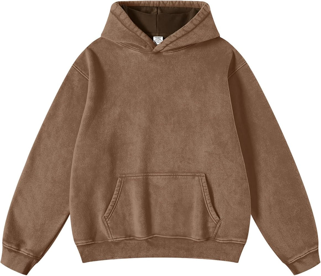 Female model wearing a comfortable Varenna Washed Cotton Hoodie with fleece lining, side view