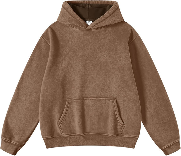 Female model wearing a comfortable Varenna Washed Cotton Hoodie with fleece lining, side view
