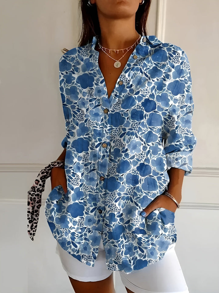 Women's versatile abstract print split neck blouse, long sleeve casual top.