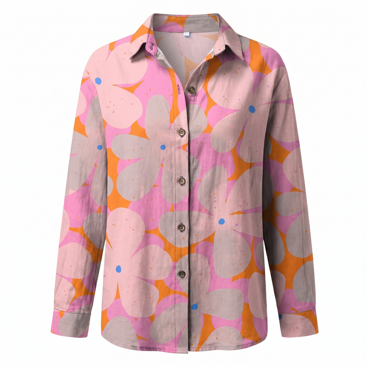 Women's fashionable abstract print long sleeve blouse, versatile split neck top.