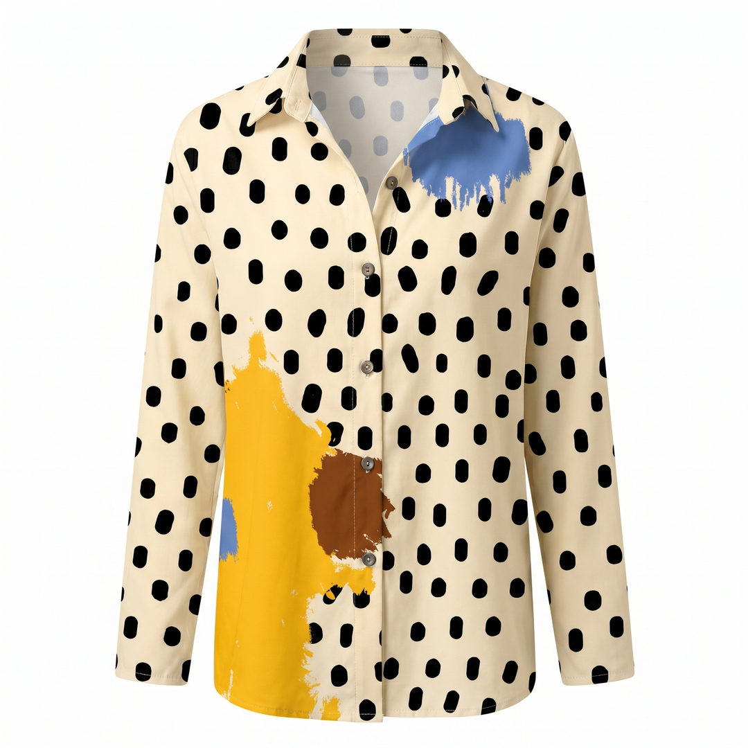 Vibrant abstract print women's blouse, split neck long sleeve, versatile fashion top.