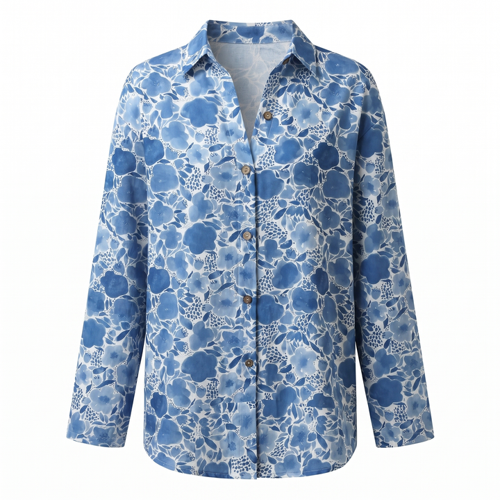 Stylish women's abstract print blouse with split neck and long sleeves.