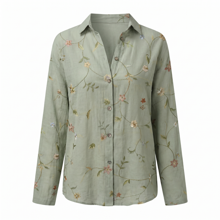 Casual women's button front abstract print blouse, versatile long sleeve top.