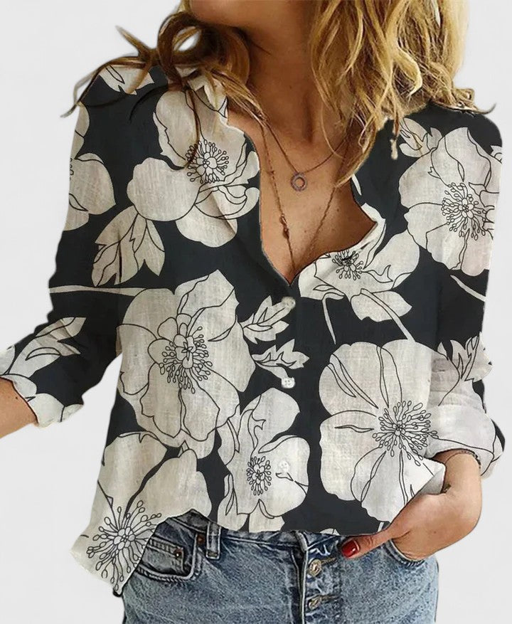 Chic women's office wear blouse, a classic button down long sleeve top with lapel.