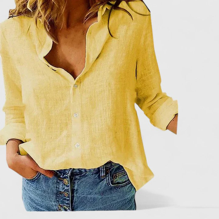 Fashionable women's versatile button down blouse, a chic long sleeve top with lapel.