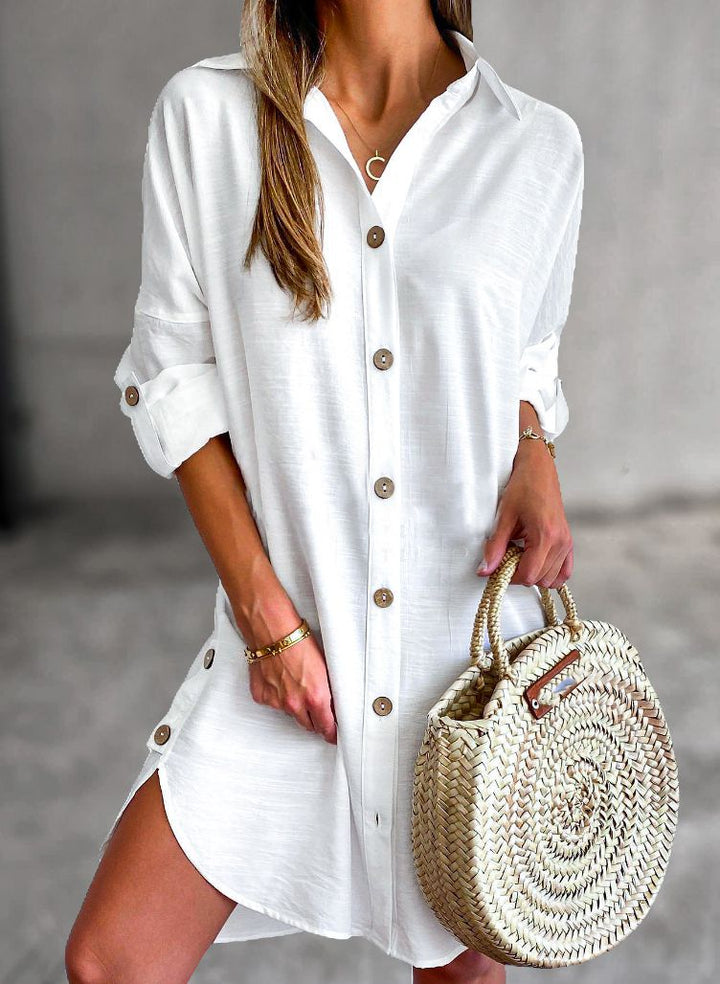 Versatile women's button-up dress, ideal for casual summer fashion & everyday elegance.