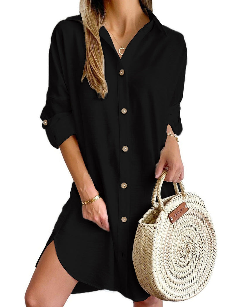 Elegant women's button-up shirt dress, versatile for any chic summer occasion.